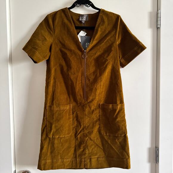 New Leo & Sage Faux Suede V-Neck Zip Mini Dress Brown Short Sleeve Sz S - Picture 1 of 5